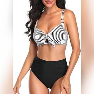 NWT Tempt Me 2 Piece Tie Knot Top High Waisted Bikini Swimsuit, Black/White, XL